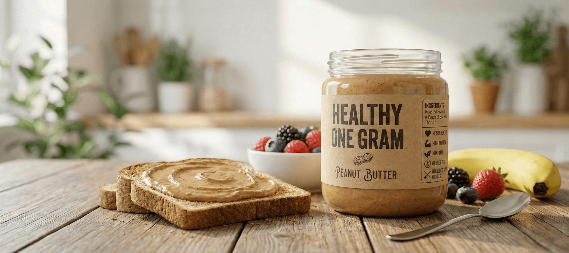 Healthy One Gram peanut butter jar beside toasted bread and fresh fruit on a kitchen table